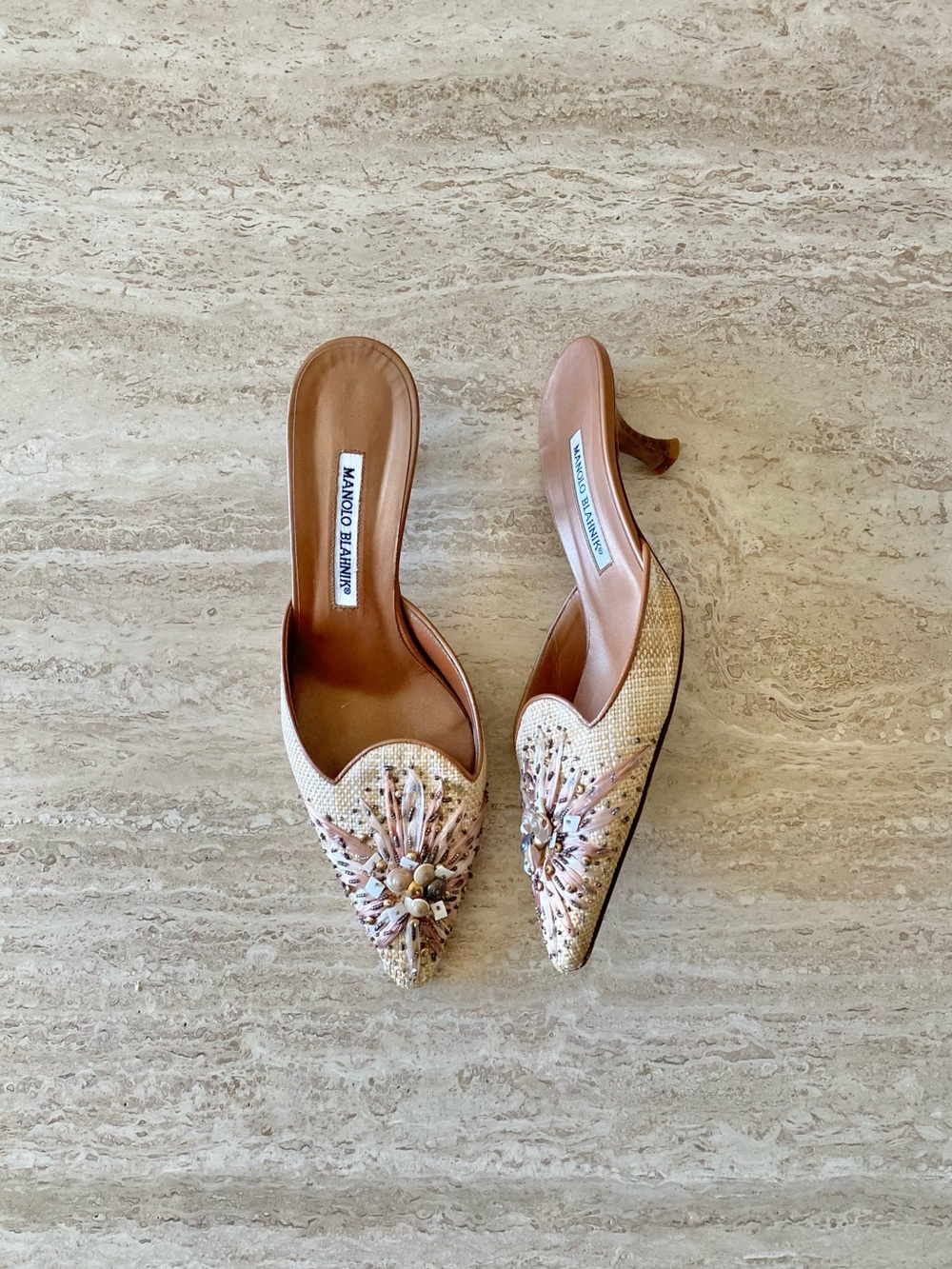 Vintage Manolo Blahnik Raffia Beaded Shell Mule Heels